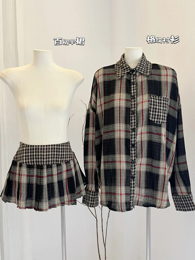 Traje de moda coreana Vintage para mujer, trajes a cuadros de dinero antiguo Y2k, conjunto de 2 piezas, blusas de manga larga + minifalda plisada, otoño