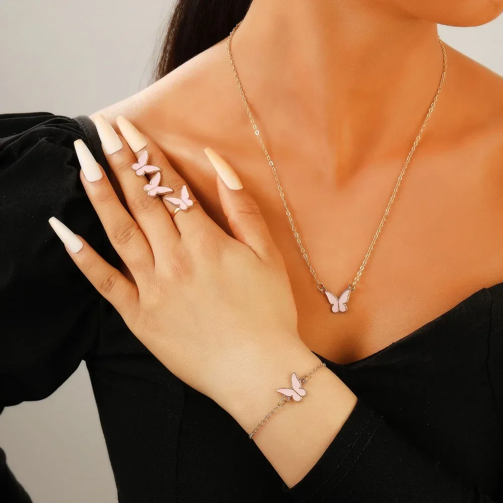 4pcs Set Exquisite Shining Zircon Heart Shaped Pink Butterfly Pendant Necklace Earrings Bracelet for Women Charm Jewelry Sets