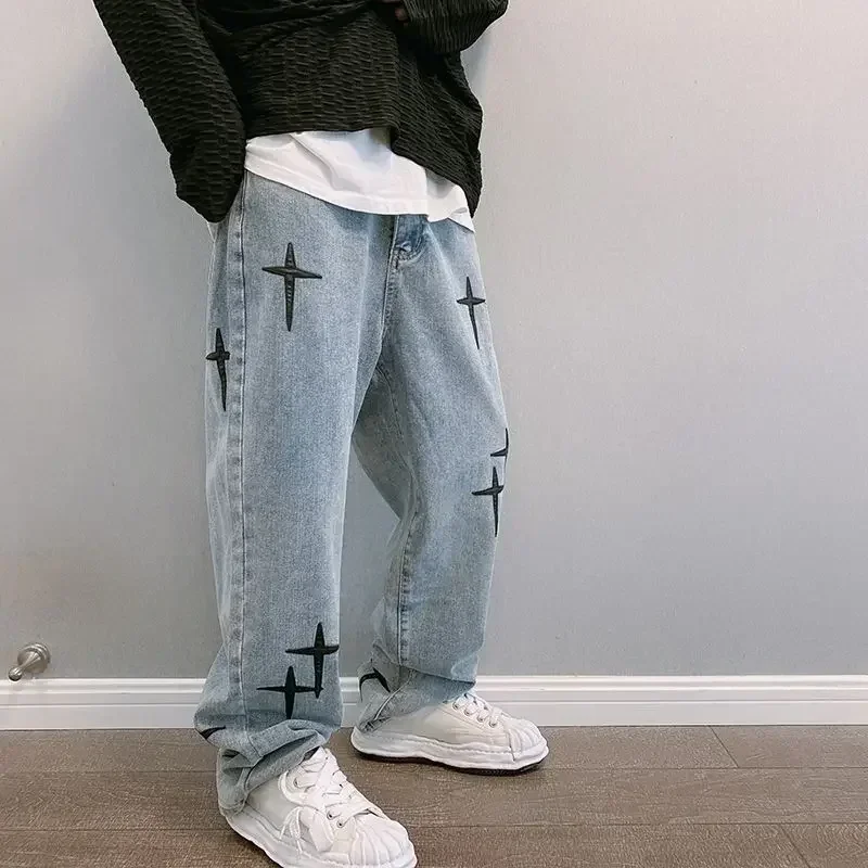 Jeans for Men Embroidery Wide Leg Male Cowboy Pants Hip Hop Trousers with Crosses Original High Quality Loose 2024 Fashion Baggy