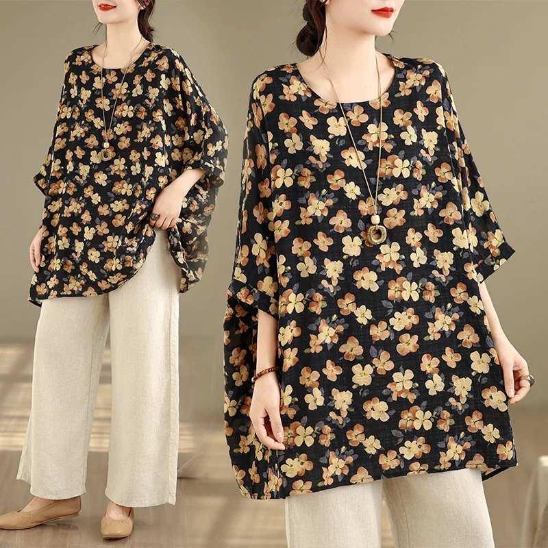 

Women T Shirts Tops Print Tee Oversize Batwing Three Quarter Sleeve Round Neck Slight Strech Loose Casual Streetwear 2026 Spring