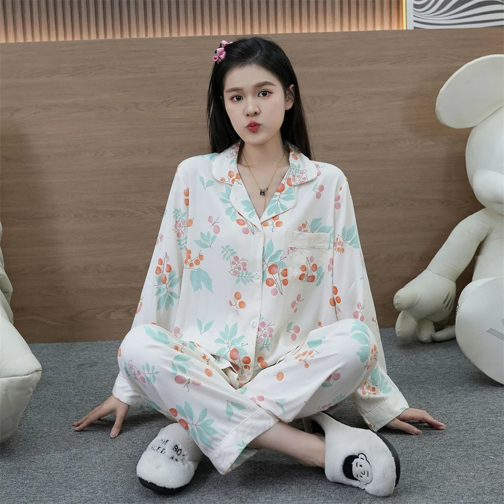 Women New Cardigan Long Sleeves Pants Pajamas Set Korean Casual Printed Homewear 2-piece Ladies Simple Breathable Sleepwear Suit