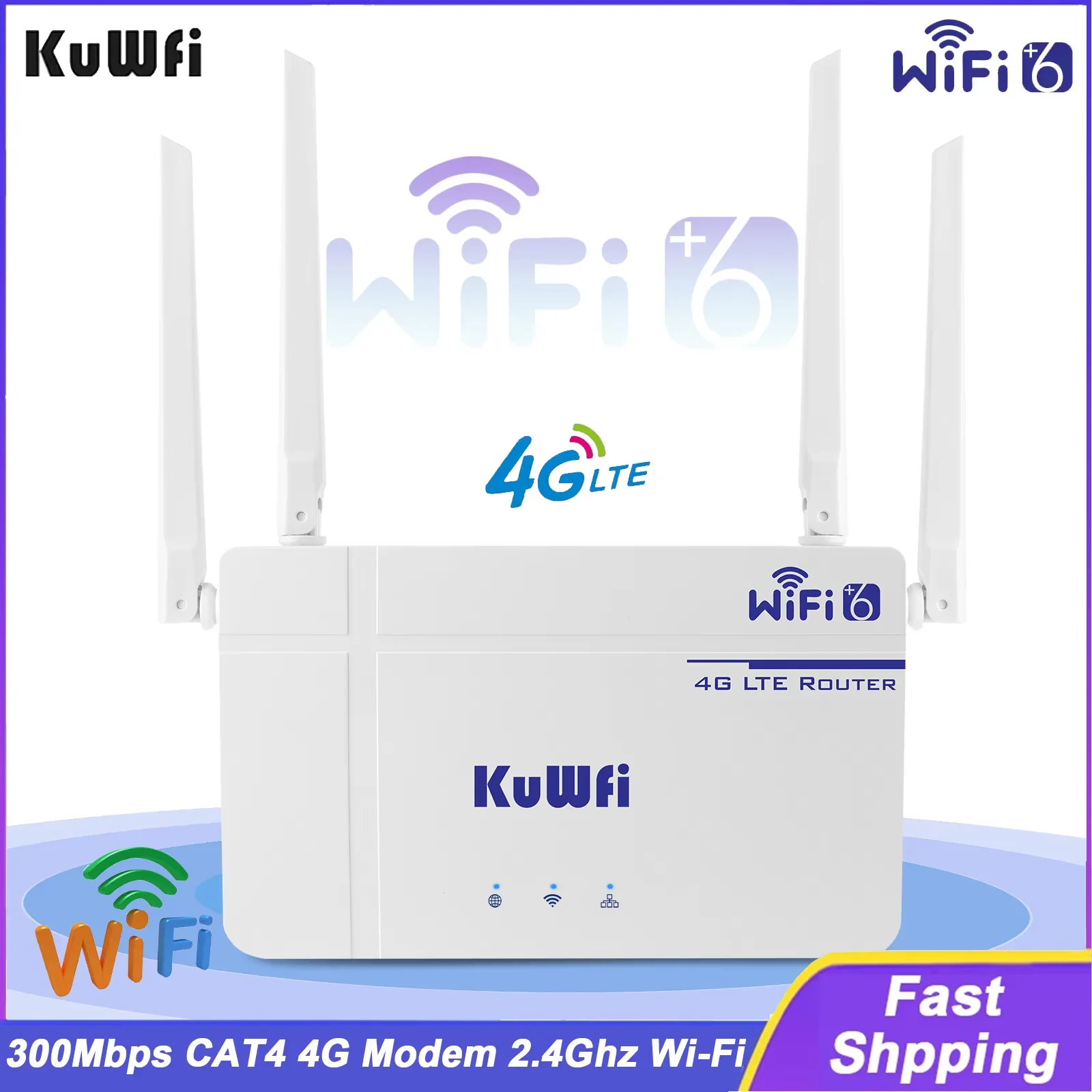 KuWFi 300Mbps CAT4 CPE Router Wireless WiFi6 Router 4G LTE Router with Ethernet Port SIM Card Slot Antenna Support 10 Users