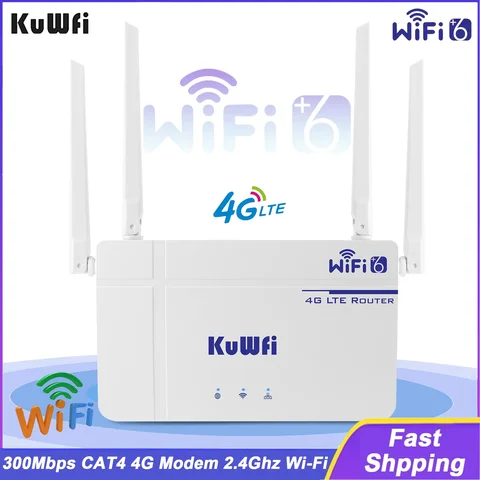 KuWFi 300Mbps CAT4 CPE 라우터 무선 WiFi6 라우터 이더넷 포트가 있는 4G LTE 라우터 SIM 카드 슬롯 안테나 지원 10 사용자