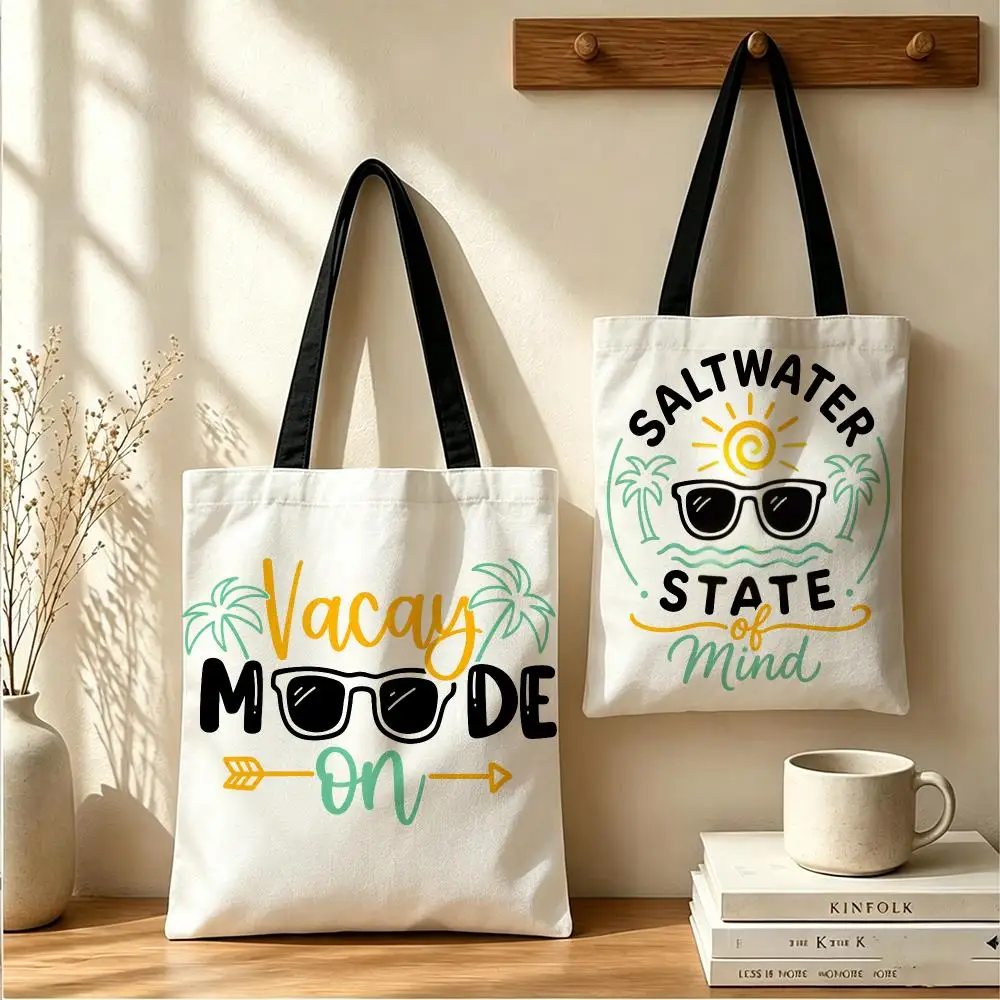 Vacay Mode Storage Bags Canvas Tote Bag Women Large Capacity Reusable Shopping Shoulder Bag Daily Handbag