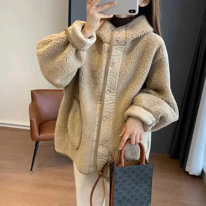 Jacket Woman 2025 Autumn Winter New Hooded Plush Jacket Loose Casual Lamb Wool Women's Coat Street Fashion Long Sleeve Tops Coat