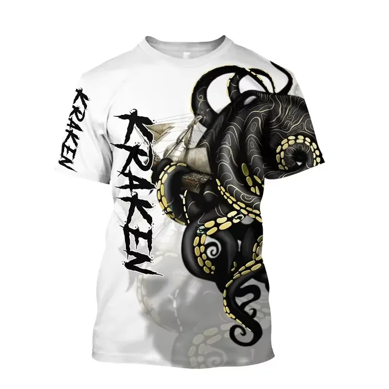 Men's Tentacle Organism Pattern T Shirt Retro Ocean Animal 3D Printed Loose Tee Round Neck Short Sleeve Streetwear Top