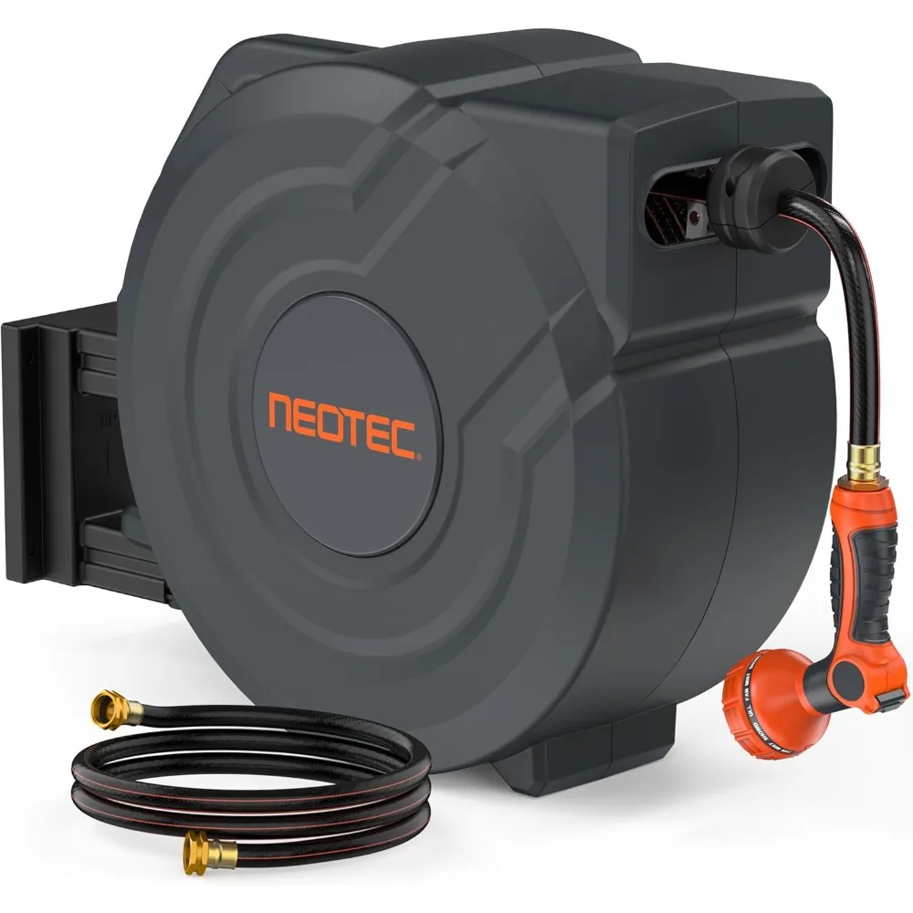 

Retractable Garden Hose Reel 5/8 inch x 90ft - Wall Mounted Heavy Duty Hose Reel with 3/4 Inch Brass Fittings & 9-Pattern Nozzl
