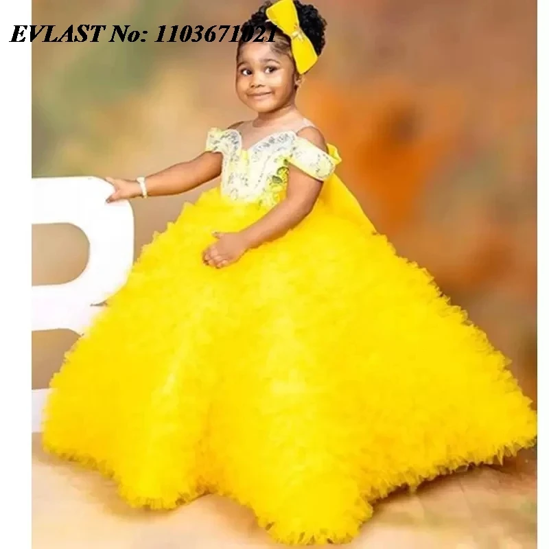 EVLAST Customized Yellow Gold Flower Girl Dress for Weddings Crystal Beaded Ball Gown Kids Ruffles Birthday Party Gowns FD17