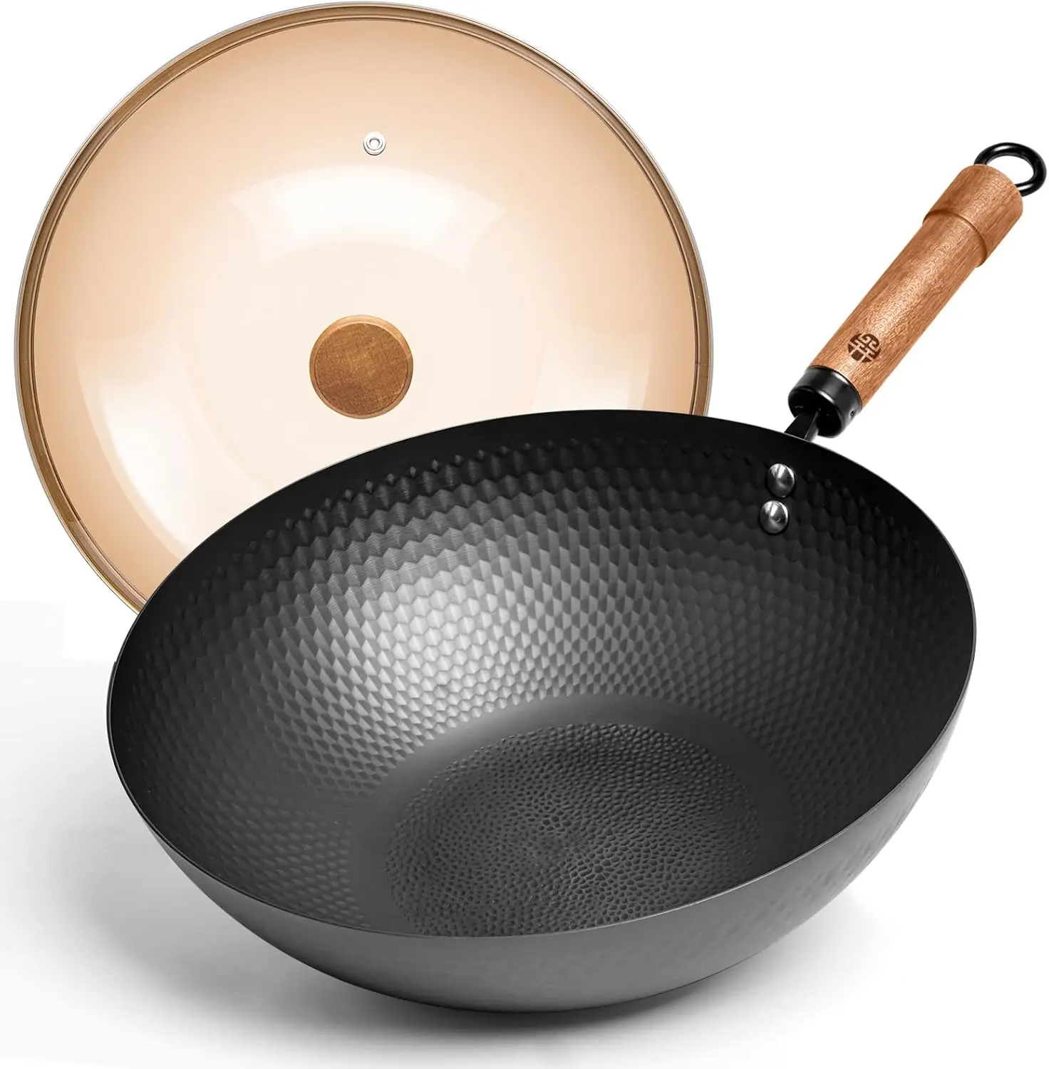 

Carbon Steel Wok Pan with Lid, 12.6" Hammered Stir Fry Pan, Heavy Duty Flat Bottom for Electric Induction Gas Stoves, Detachable