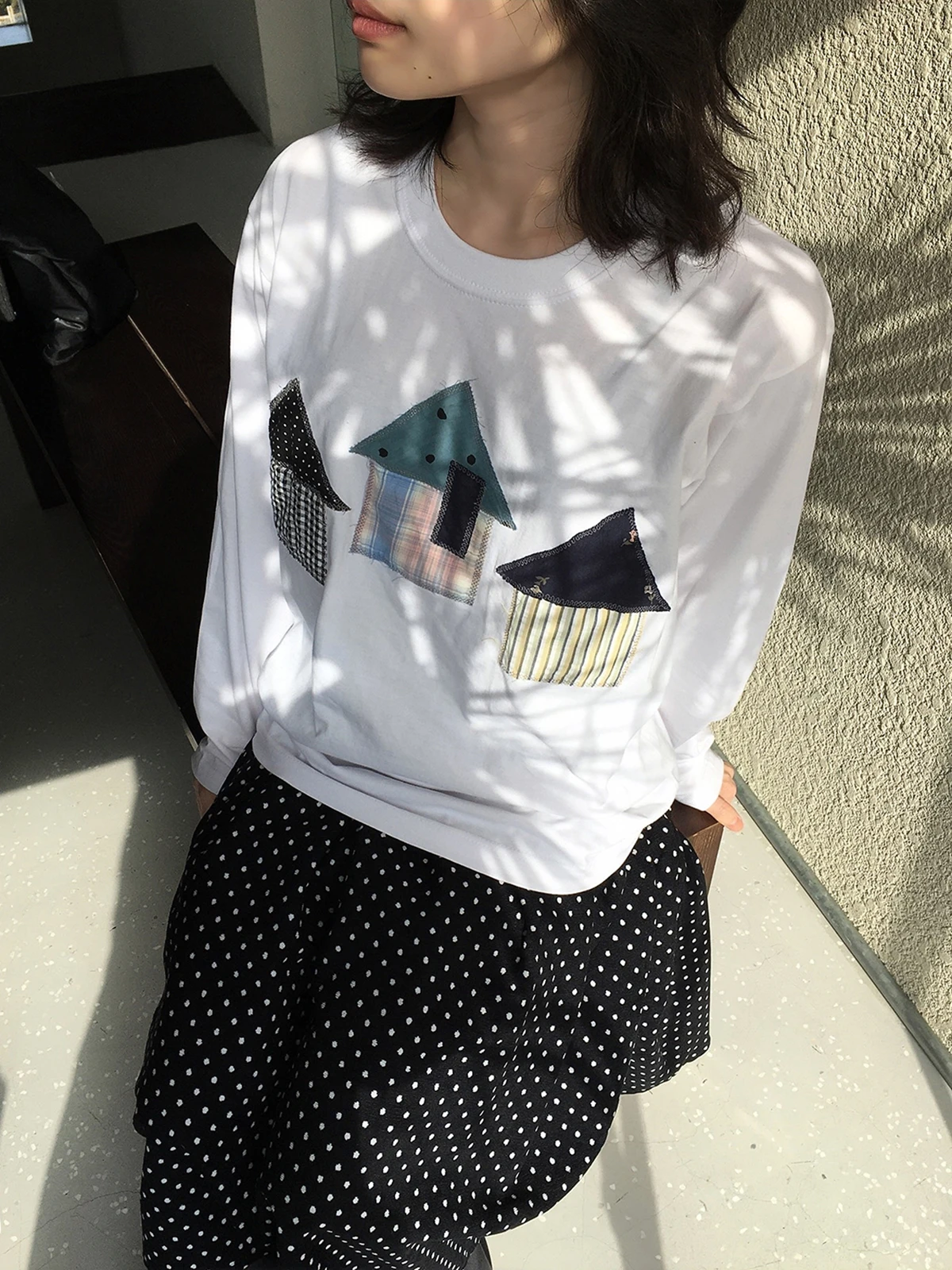 Loose Long Sleeve T-Shirt Embroidered Casual Style Girls Korean House Love Dot Pattern Spring Summer Autumn Cotton Top