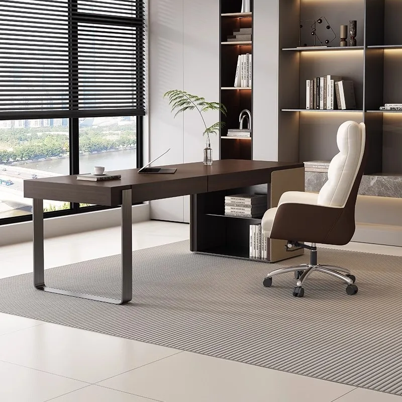 Luxury Office Furniture Brown Boss Table Modern Home Study Writing Desk Metal Rack Office Table With Storage Cabinet