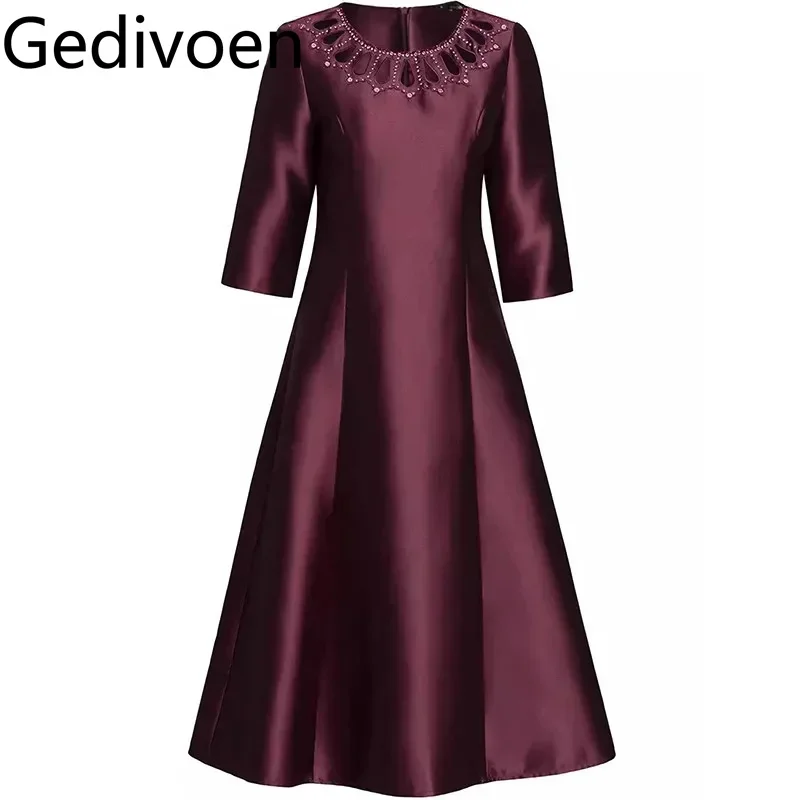 Gedivoen Fashion design Abito da donna Mezza manica con perline Scava fuori Abiti da ballo casual per le vacanze autunnali e invernali