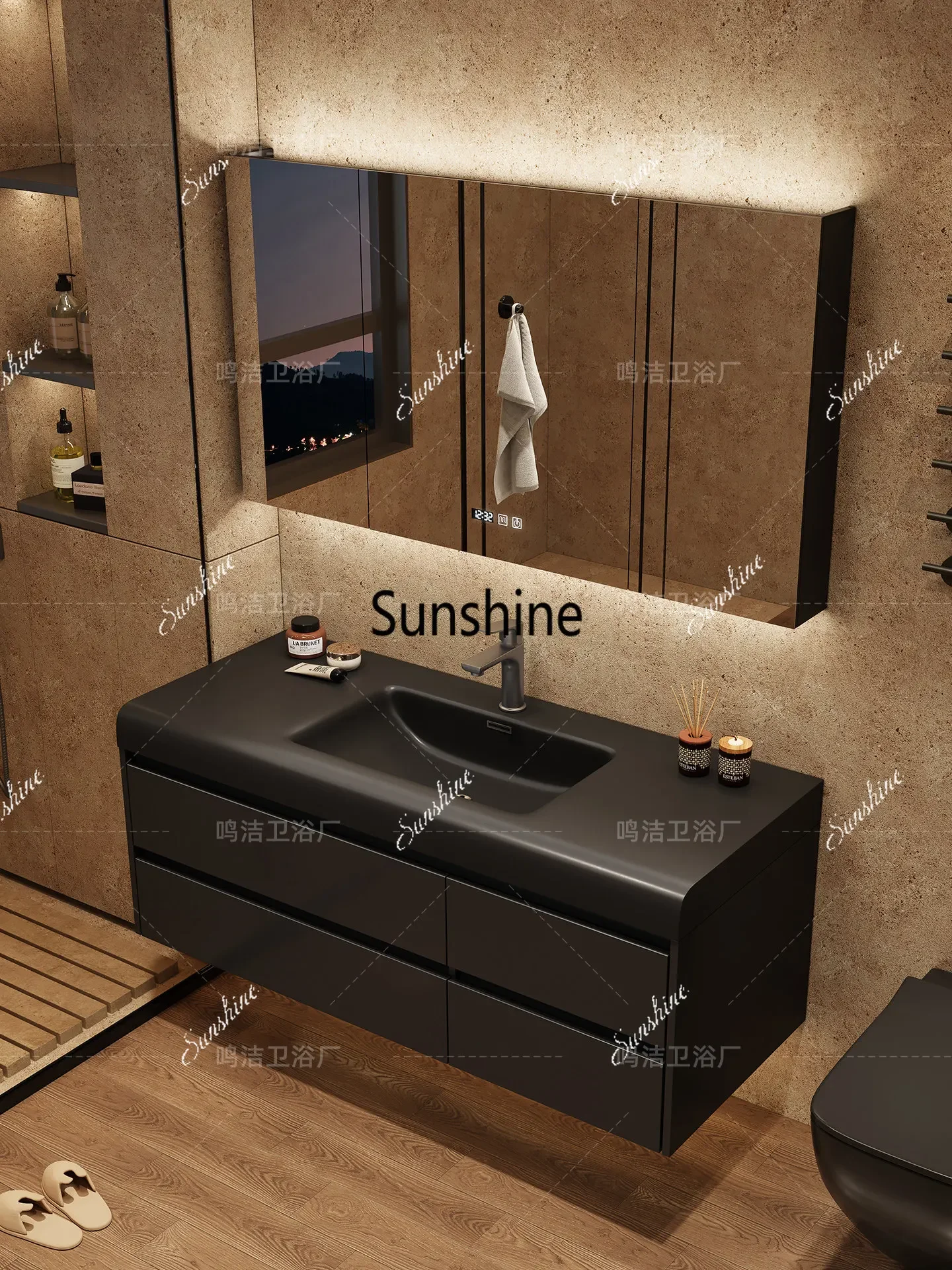 YItalian minimalist black sink integrated light luxury bathroom cabinet combination intelligent