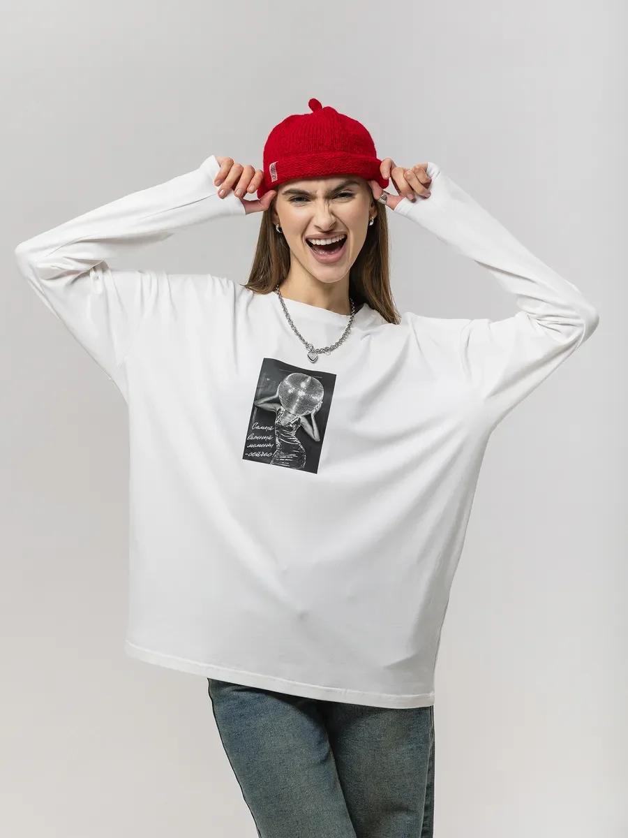 Autumn Womens Cotton  T Shirt Disco Ball Figure Black White Print Long Sleeve Oversized Top Retro Casual Basic Daily Wear Tee