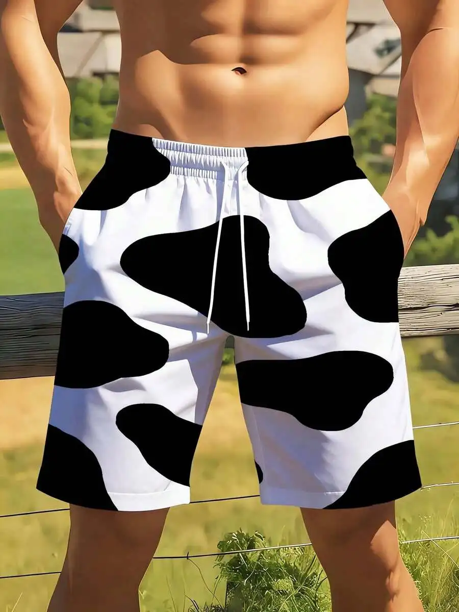 

Cow Print Swim Trunks For Men Summer Beach Shorts Elastic Waist Leisure Sports