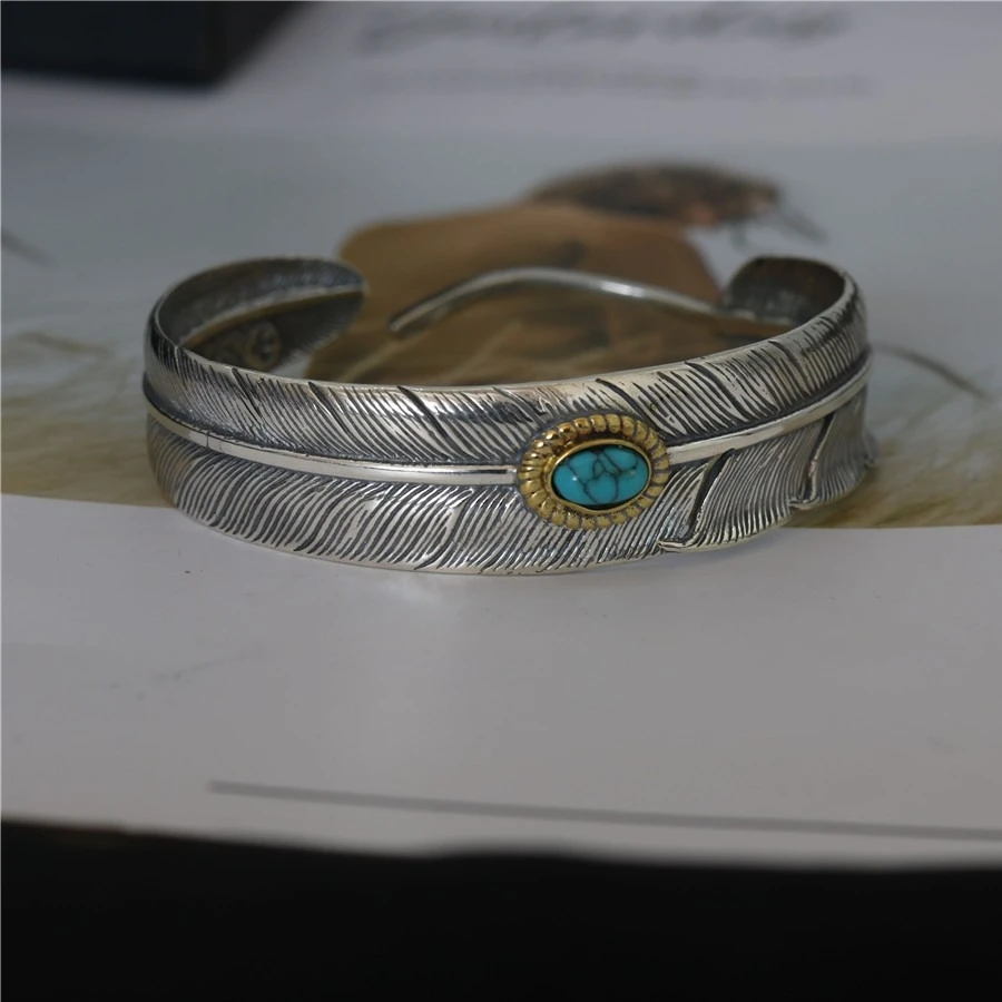 

Takahashi Goro's Goro Feather-Inlaid Turquoise Open Bangle Antique-Finished Thai Silver Trendy Men's Versatile Bracelet