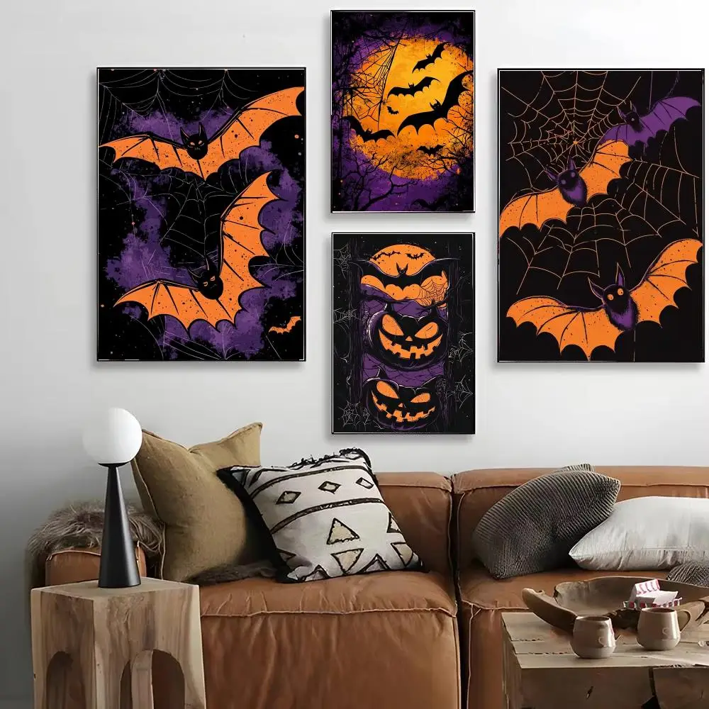 Poster HD Decorative Wall Art for Living Room Bedroom Café Stylish Home Décor Gift Halloween Bat and Jack O lantern