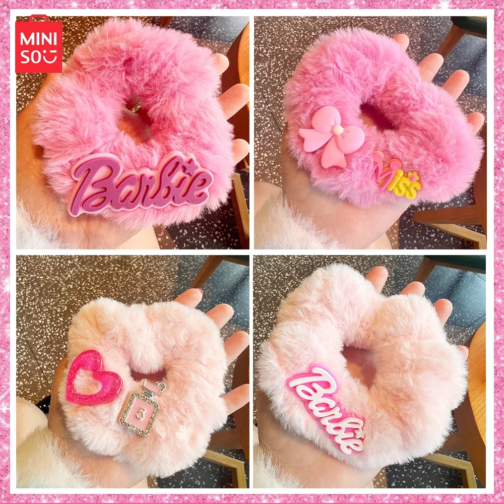 2024 Miniso Barbie Y2K 4-pcs Sweet Plush Hair Loop for Aged Girls Love Butterfly Knot Hair Rope Headwear Birthday