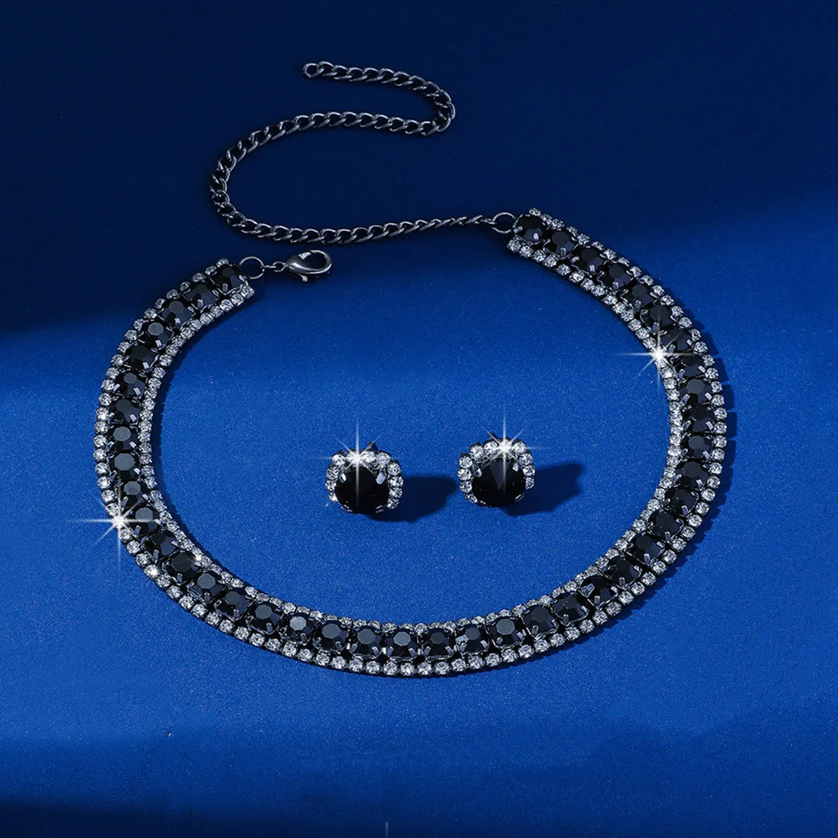 FYUAN Luxury Blue Black Crystal Necklace Earrings for Women Weddings Party Jewelry Sets Accessories