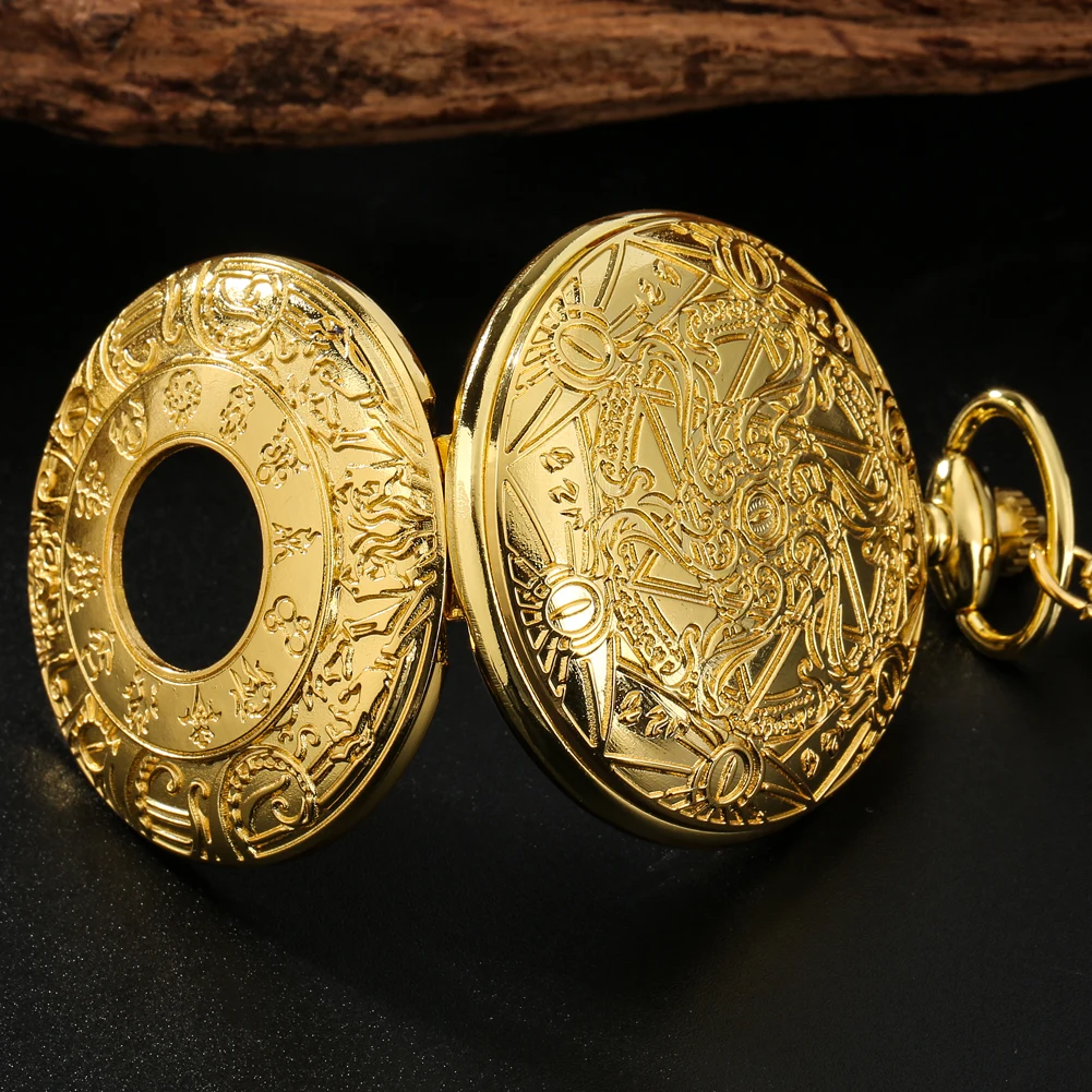 Gold Color Sculptured 12 Constellations Gear Dial Design Hollow Skeleton Wheel Reel Quartz Pocket Watch FOB Chain Gear Clocks