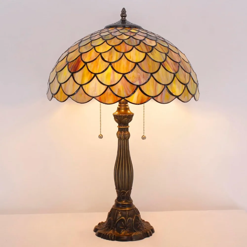 مصباح طاولة تيفاني من الزجاج الملون على طراز قشور السمك مصباح قراءة عتيق للمكتب مقاس 16 × 16 × 24 بوصة ديكور لغرفة النوم وغرفة المعيشة والمنزل #1