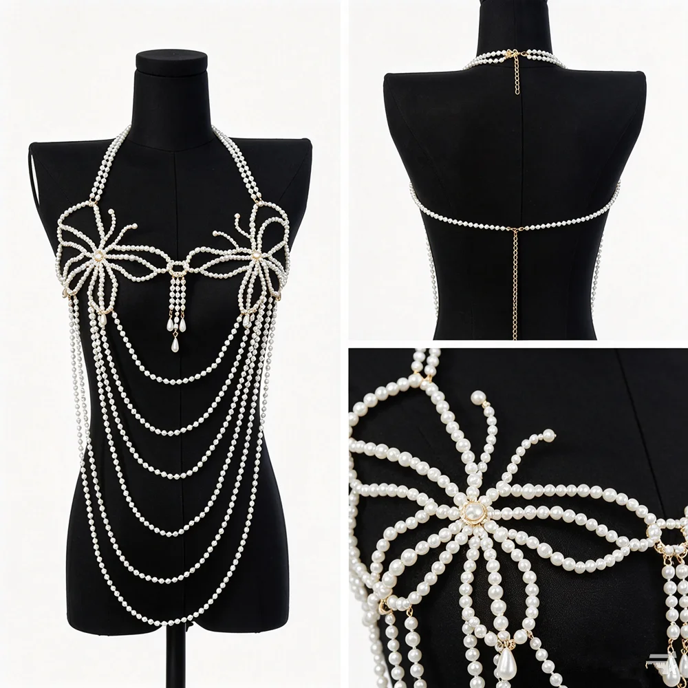 Butterfly Chest Decor Pearl Body Chain Necklace Women's Jewelry Shoulder Chain for Wedding Accessories
