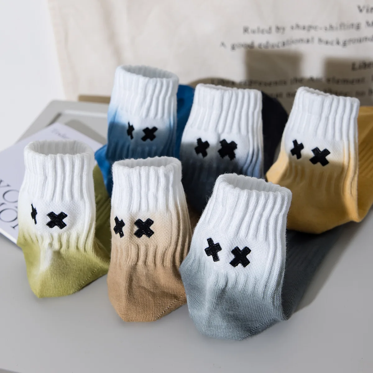 Miosam High quality Mid-calf cotton socks fashion tie-dyeing student gradient ramp unisex socks Workwear-style embroidery socks