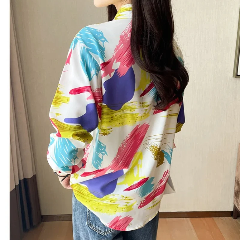 Geometric Contrast Color Turn-down Collar Long Sleeve Button Up Cardigan Shirt Spring Autumn Office Lady Women's Clothing Tops