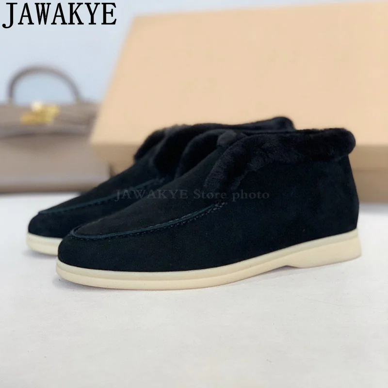 JAWAKYE Hot Sale Open Suede Flat Boots Women Nude Round Toe Wool Collar Designer Short Boots Winter Classical Famous Brand Boots