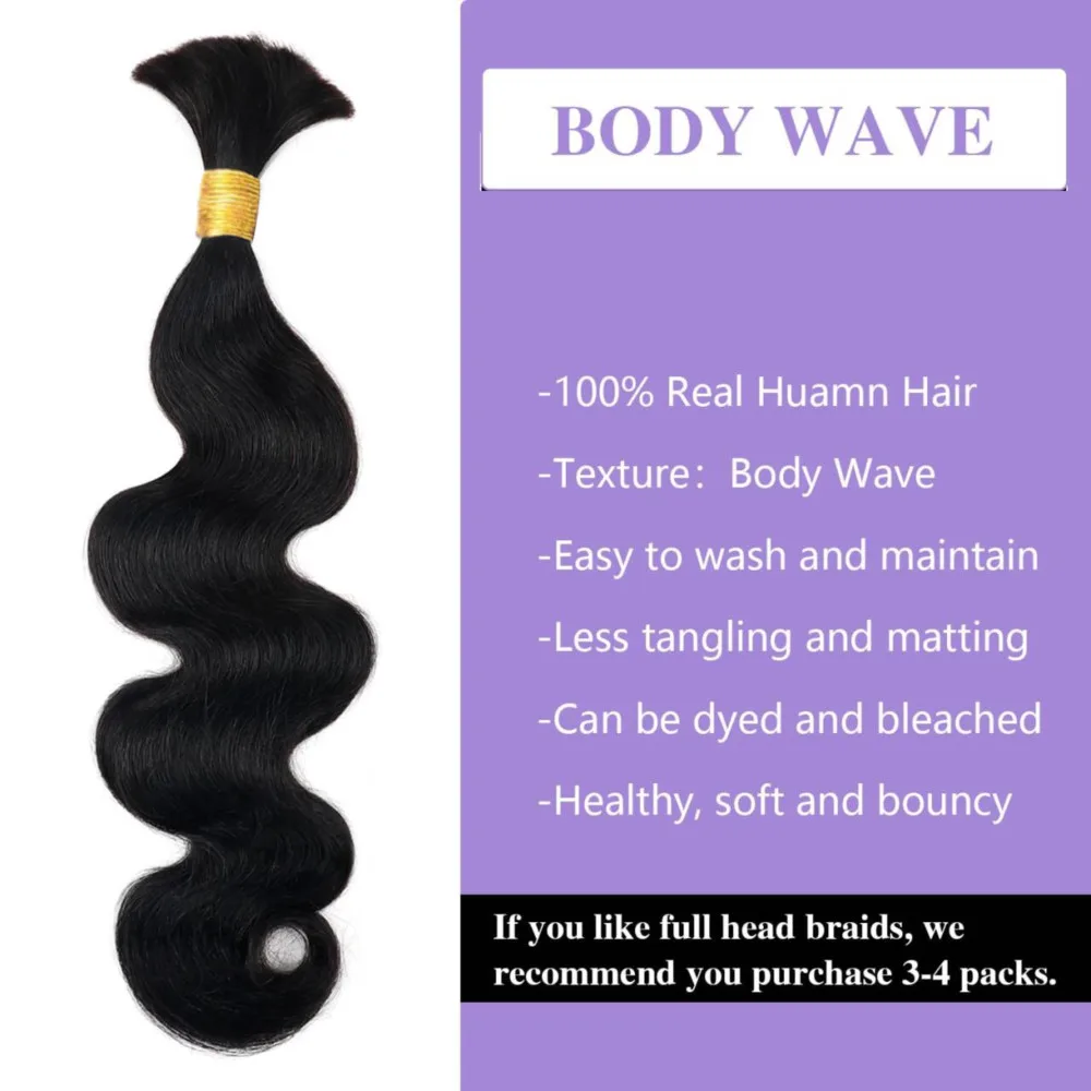 Body Wave Braiding Hair Human Hair Natural Black Color #1B No Weft 100% Human Hair Bulk For Braiding Extensions 16To 26 Inches