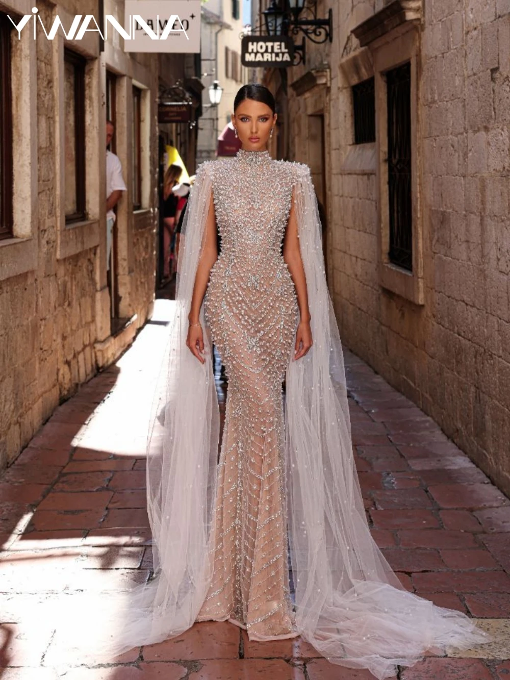 

Exquisite Illusion Pearls Crystal Wedding Dress High Collar Cape Sleeve Bridal Gown Customized Mermaid Long Dresses For Bride