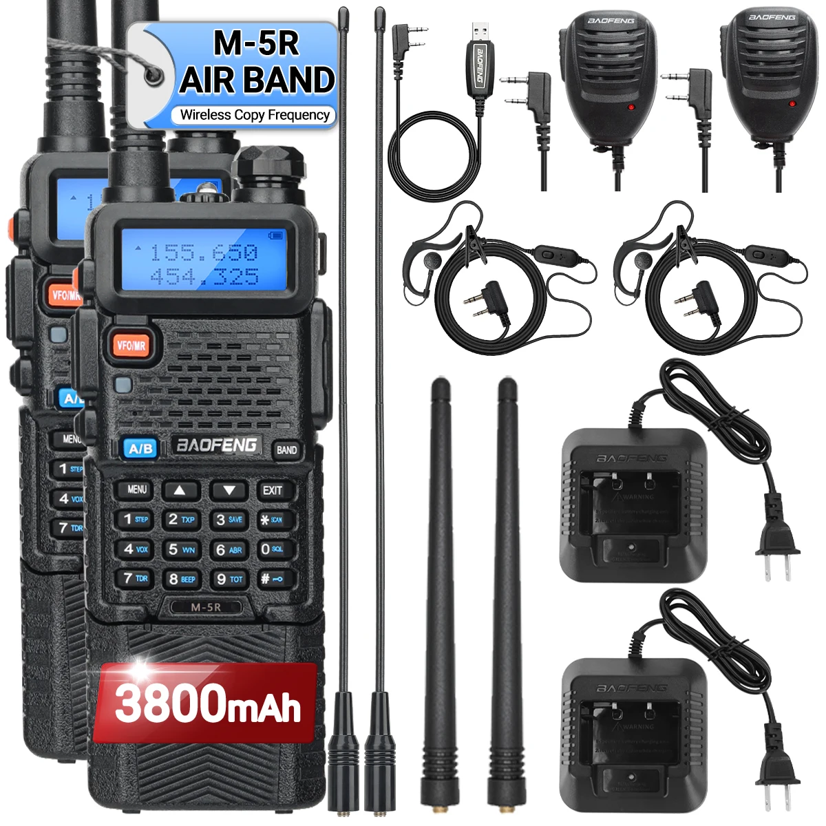 Baofeng-walkie-talkie piezas de largo alcance, Radio bidireccional con batería de 3800mAh, frecuencia de copia inalámbrica, AM, Ham, M-5R, K5, 1/2