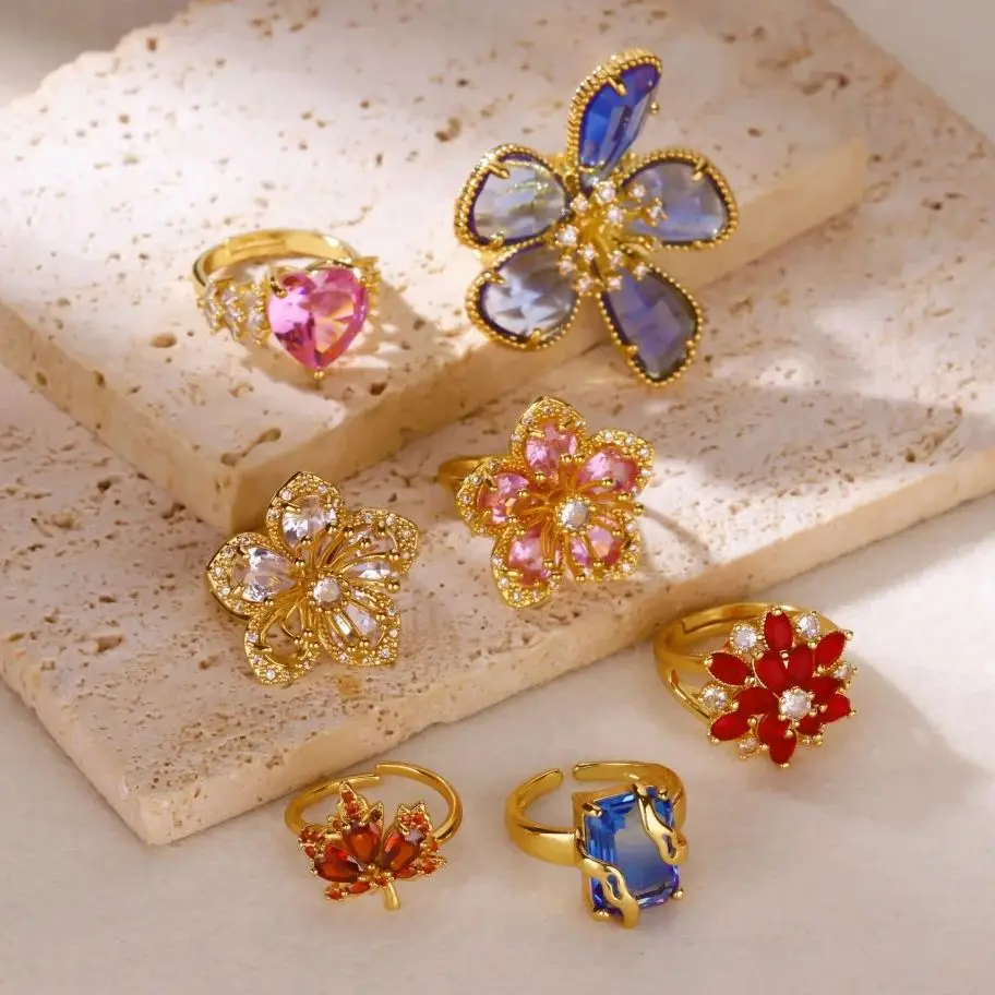 Stainless Steel Rings Gold Plated Colorful Stone Zircon Crystal Luxury Flower Ring For Women Wedding Jewelry Christmas Gift New