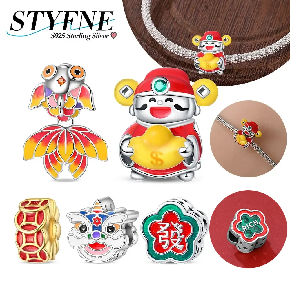 

925 Sterling Silver Good Luck Koi Chinese Lion Awakening Beaded Charm Fit Original Bracelet Diy Jewelry New Year Gift