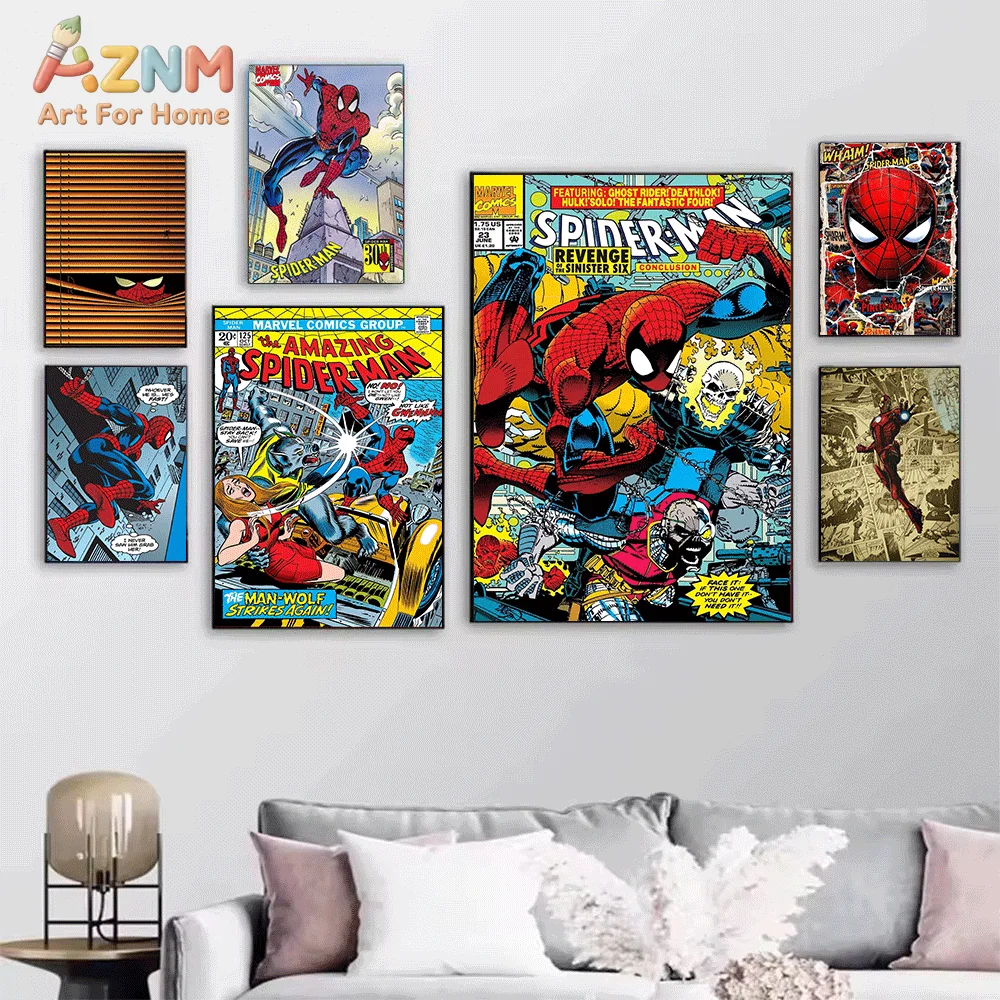 AZNM Spiderman City Web‑Slinging Jump Comic Canvas Wall Print, Vintage Superhero Urban Swing Comic Book Art Poster, Unframed C
