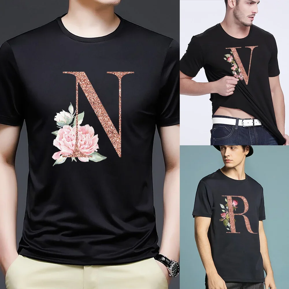 Fashion Men's Black T-shirt Rose Gold Letter Name Print Pattern Casual Street Casual Sports Round Neck Top Men's Clothing