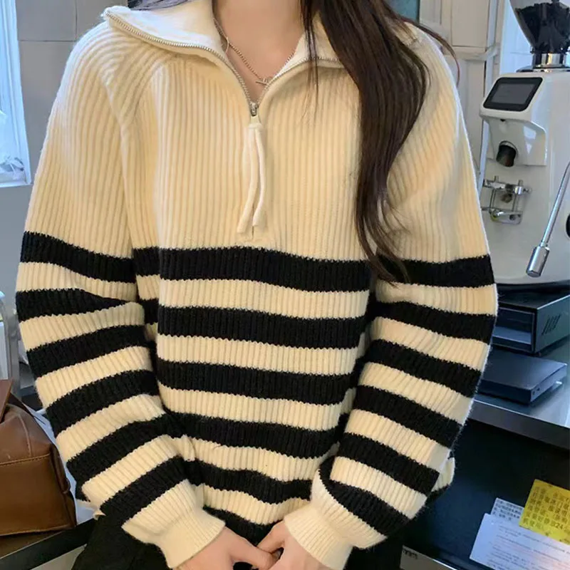Maglione di lana a maniche lunghe con cerniera a collo semi-alto di grandi dimensioni da donna Autunno 2024 Nuova moda allentata Top Tide
