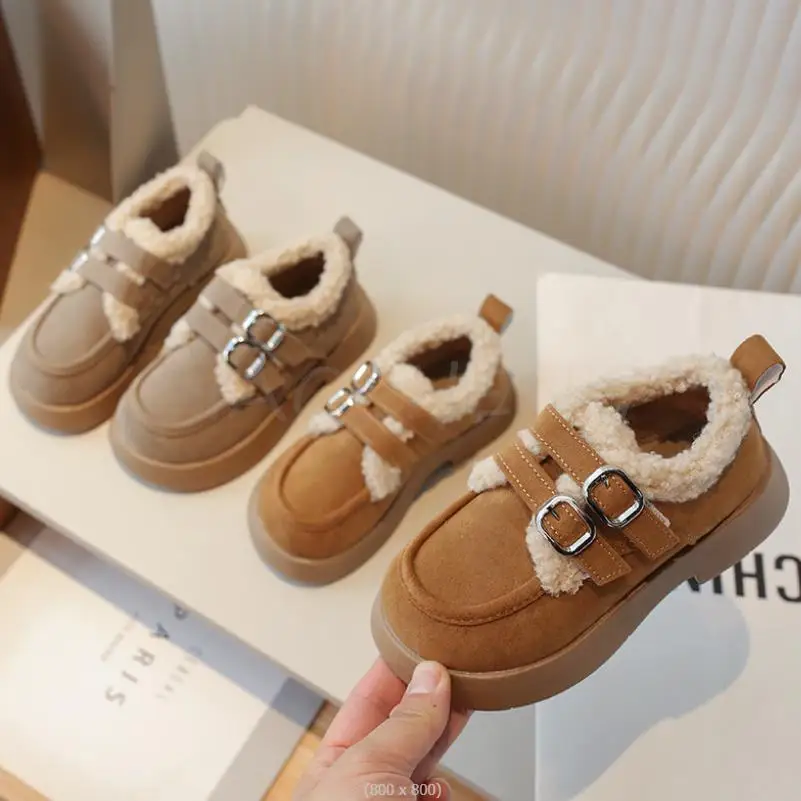 Autumn Winter Children Flats Shoes Solid Plush Warm Korean Style Girls Princess Casual Shoes Soft Bottom Furry Kids Cotton Shoes