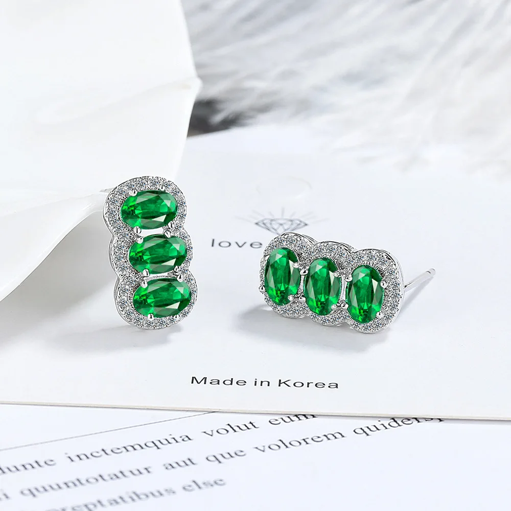 Three Oval Green Simulated Nano Emerald 925 Sterling Silver Stud Earring for Women Statement Gemstone Jewelry Brincos de Prata