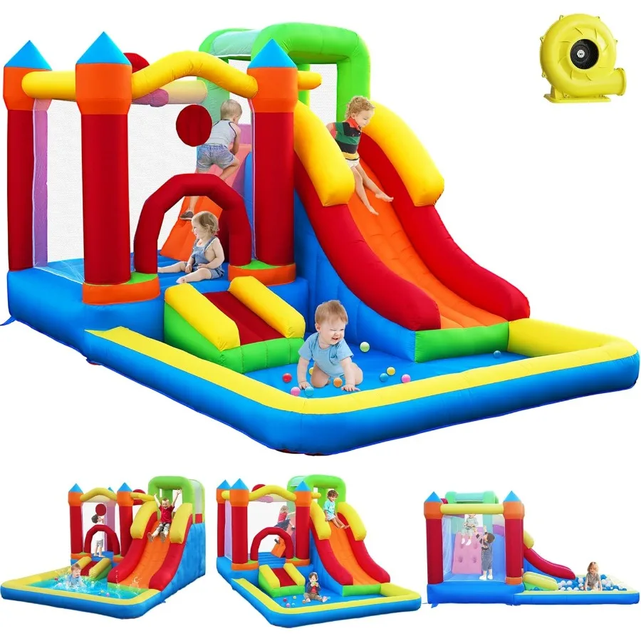 Maison de rebond 6 en 1 avec toboggan mural d'escalade et château gonflable gonflable avec souffleur et cerceau de basket-ball pour jardin P