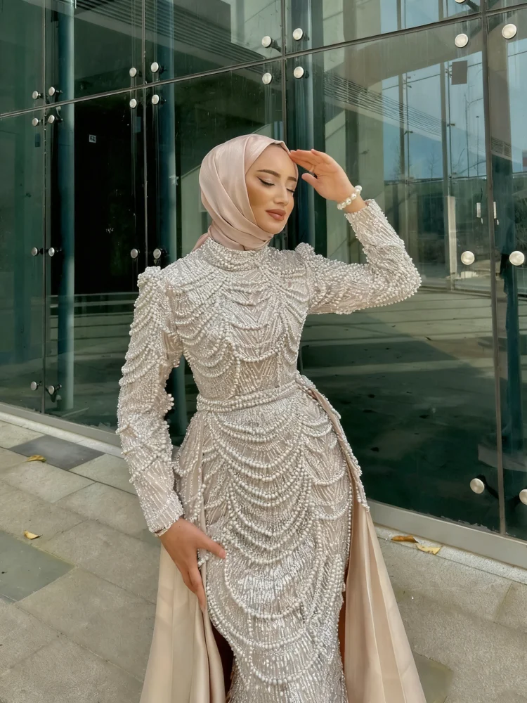 ชุดเดรสแชมเปญแบบใหม่สั่งตัดได้ พร้อมชายกระโปรงถอดได้ ชุดเดรสสำหรับงานพิธีการแบบมุสลิม ทรงเมอร์เมด ชุดราตรี