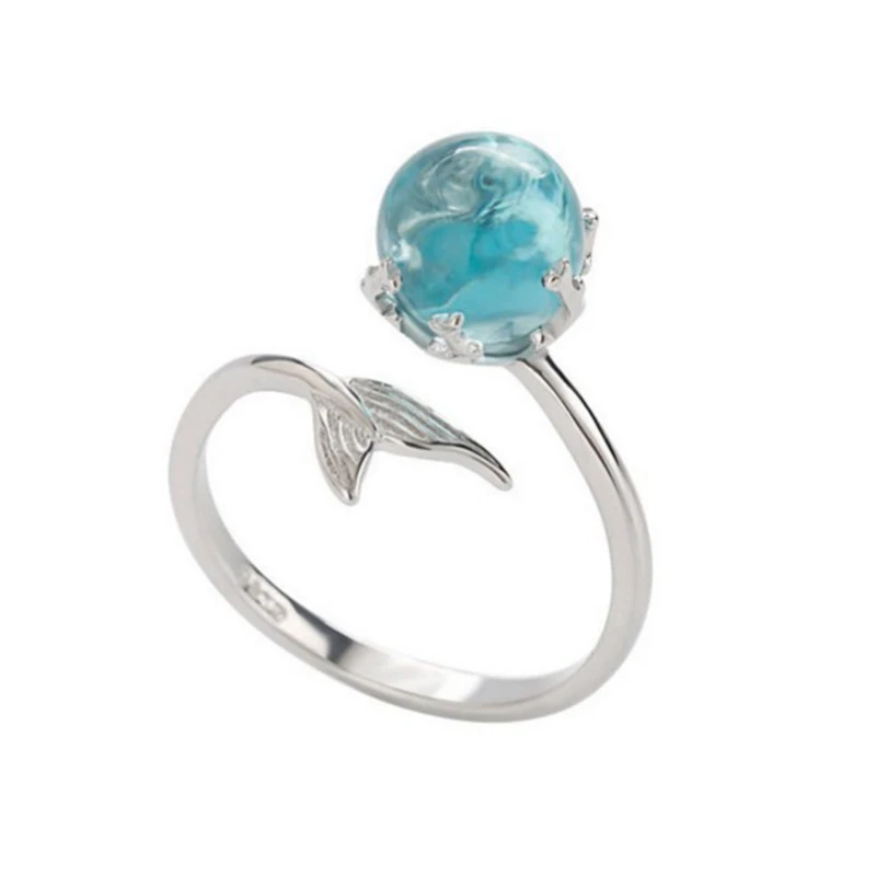 Mermaid Open Fish Tail Ring Blue Opal Adjustable Ring for Women