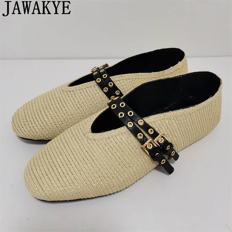 Hemp Double Buckle Designer Flat Shoes Women Ethnic Style Dance Shoes Summer Mary Jane Walking Shoes Luxury Doudou Shoes Woman