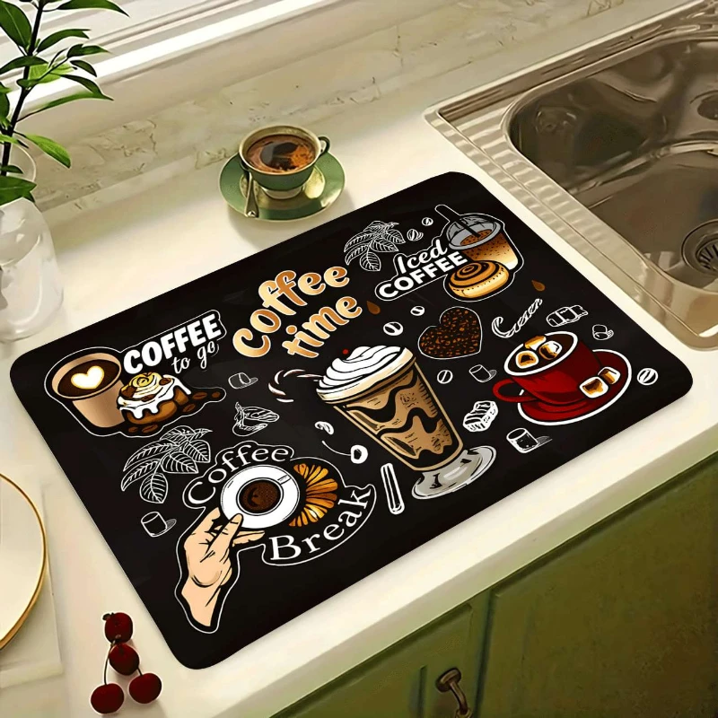 Coffee Break Cartoon Art Kitchen Drain Mat,Sink Side Counter,Dish Tableware Draining,Non Slip,Quick Dry,Present