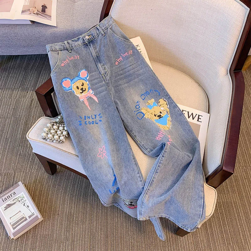 150Kg Plus Size Women\'s Hip 138 Spring Summer Jeans With Puppy Print Loose Elastic Straight Leg Pants Blue 5XL 6XL 7XL 8XL 9XL