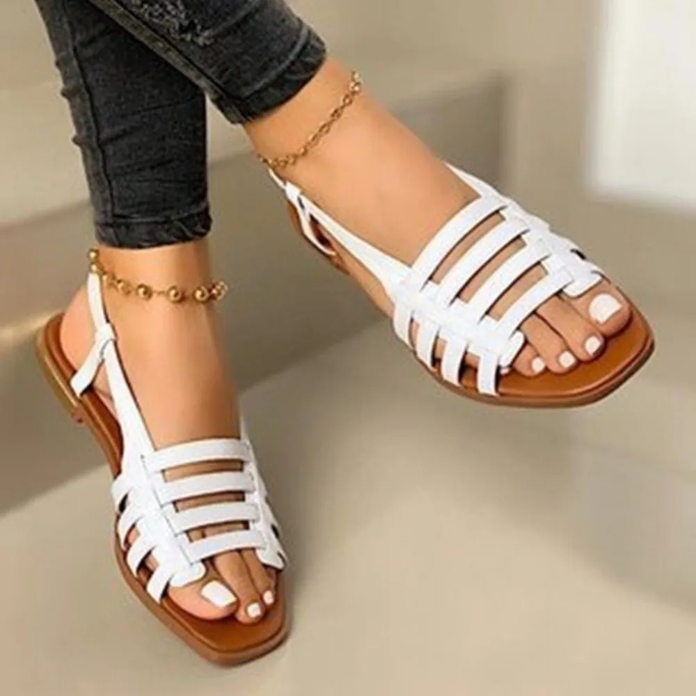 Women's Sandals Summer 2024 New Hollow Ribbon Combination Roman Shoes New Women's Casual Open Toe Flat Beach Sandals Slip On