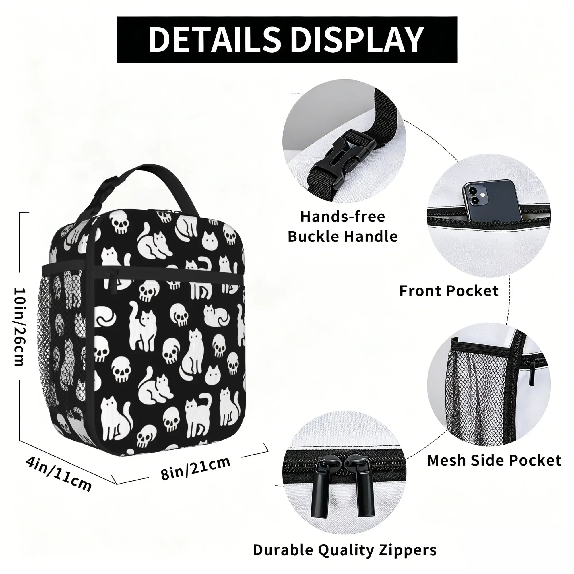 1 Piece Portable Lunch Container Cats and Skulls Pattern  Zipper Closure Durable Pocket Skull  For Lunch Lunch Box Bag