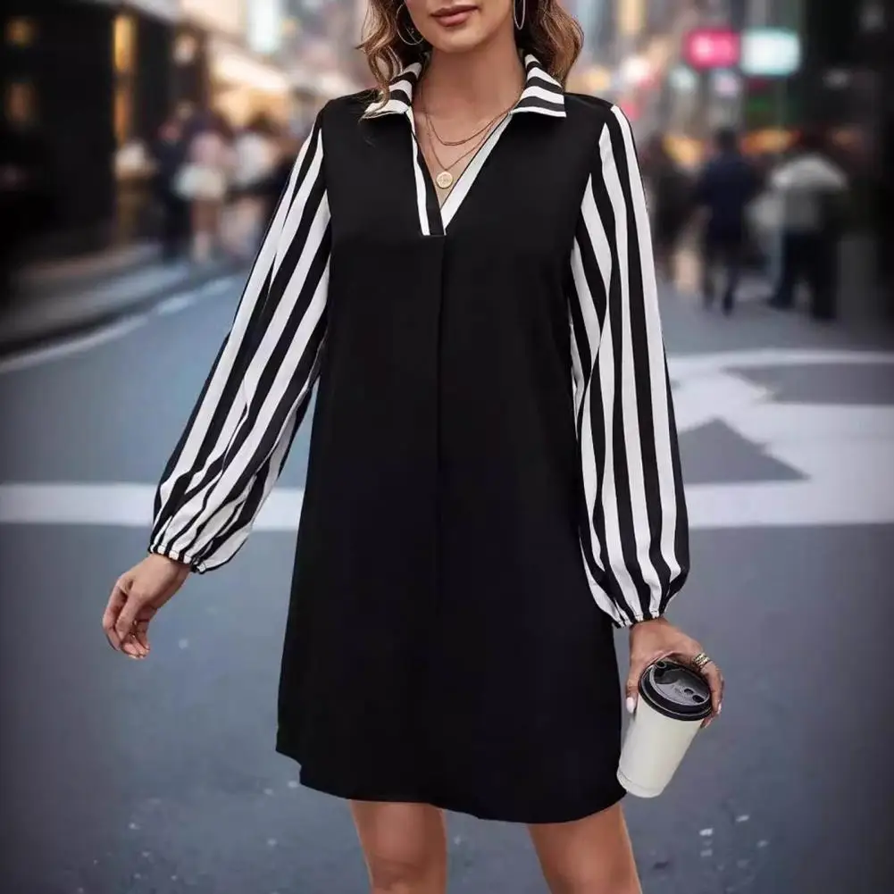 

Women Commute Dress Turn-down Collar V Neck Striped Long Sleeves Shirt Dress Office Wear Mini Dress Elegant Striped Midi Dresses