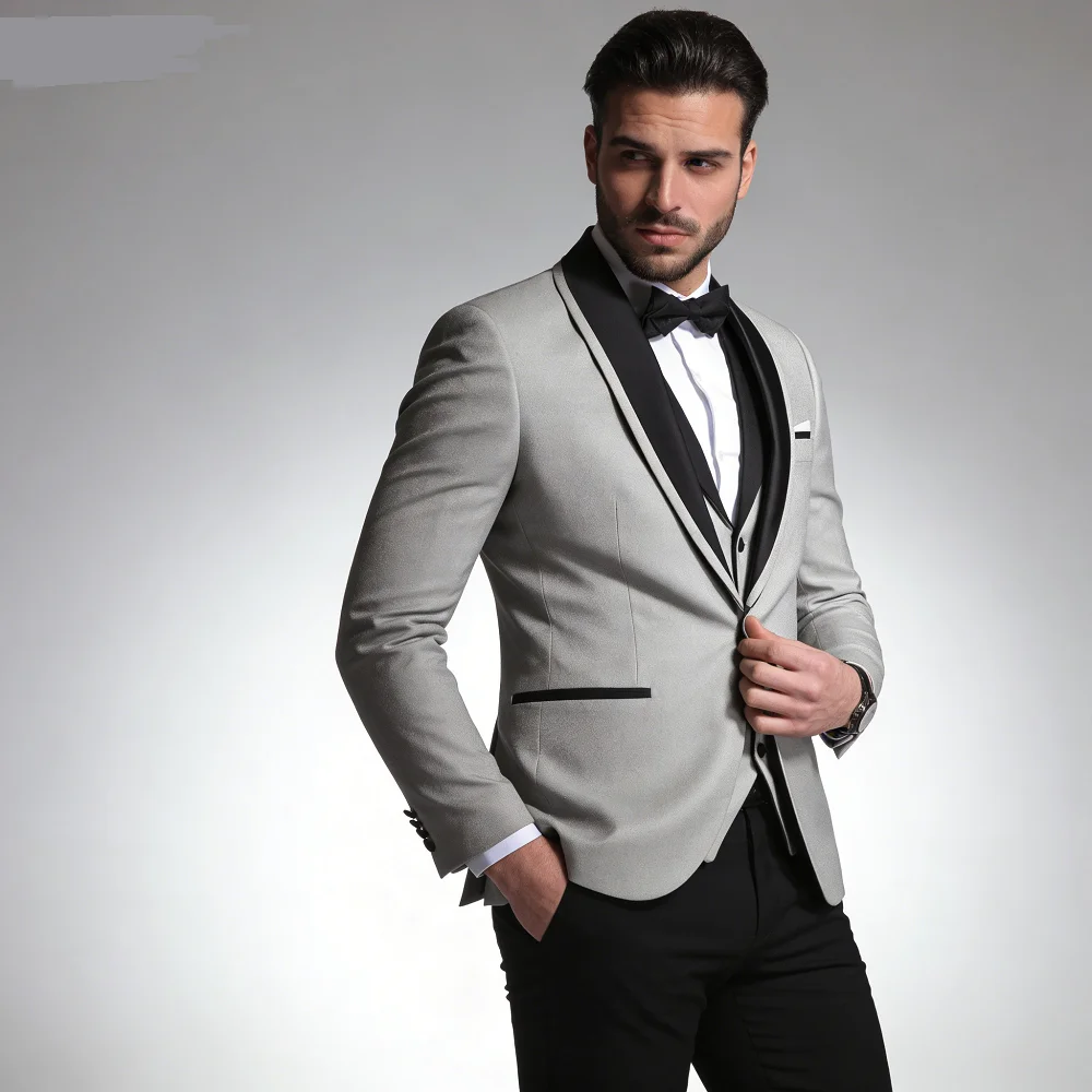 

Men's Solid Wedding Tuxedo 3-Piece Single-Button Jacket Coat Vest Pants Slim Fit Dinner Groom's Formal Suit with Shawl Collar