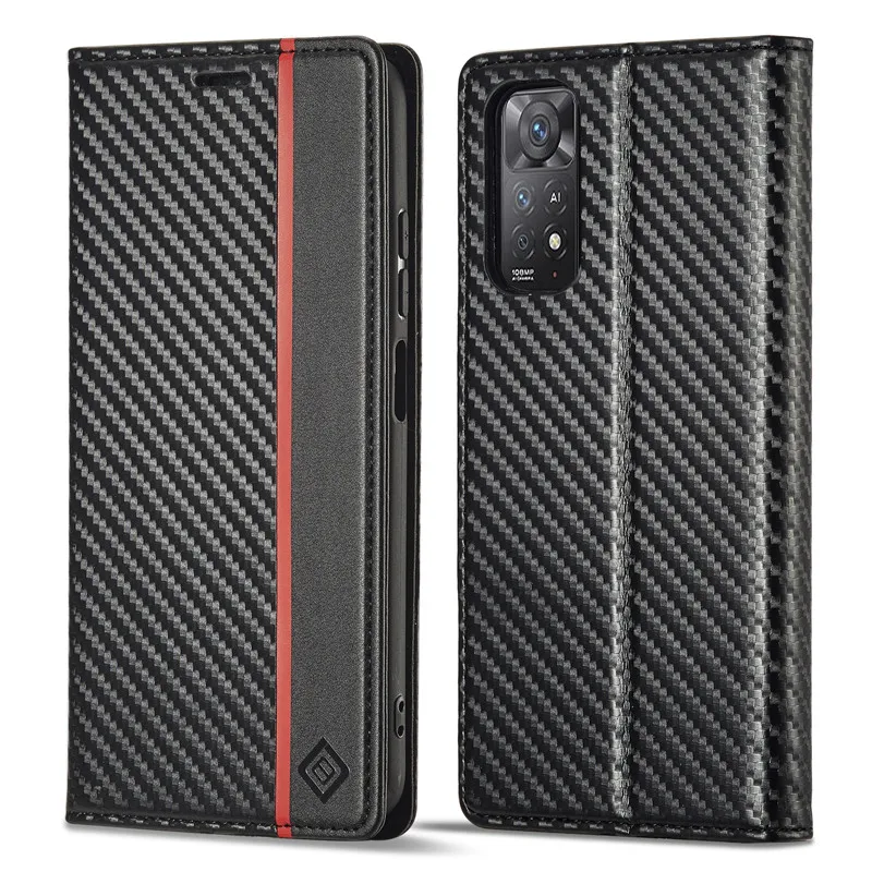 LC-imeeke Carbon Fiber Magnetic Wallet Case For Xiaomi Redmi Note 11S Note11 Mi 11T Pro 11 Lite 5G NE Leather Flip Book Cover